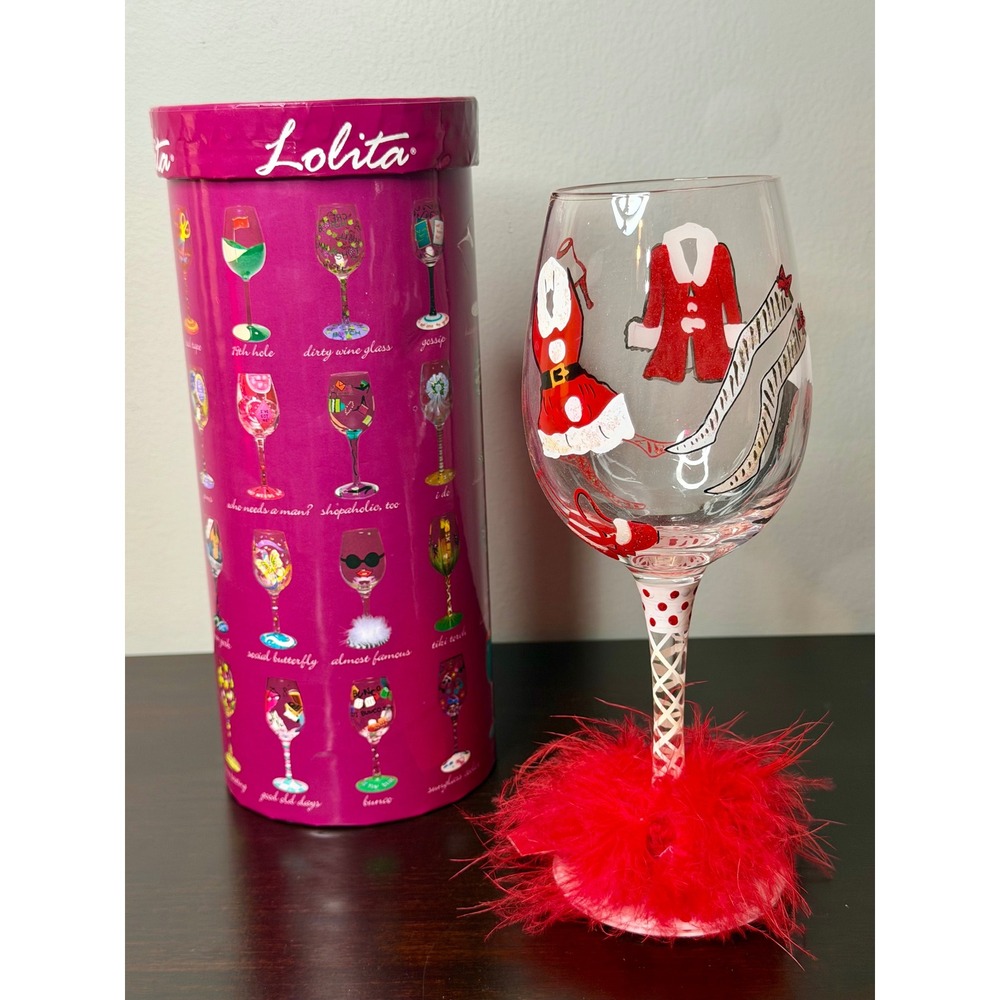 New‎ Lolita Hot Mama Claus Wine Glass Hand Painted Christmas Feather Base w/ Box
